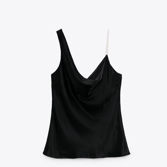 Zara Black Satin Silk Cowl Neck Pearl Strap Tank Top Small S - Picture 1 of 4